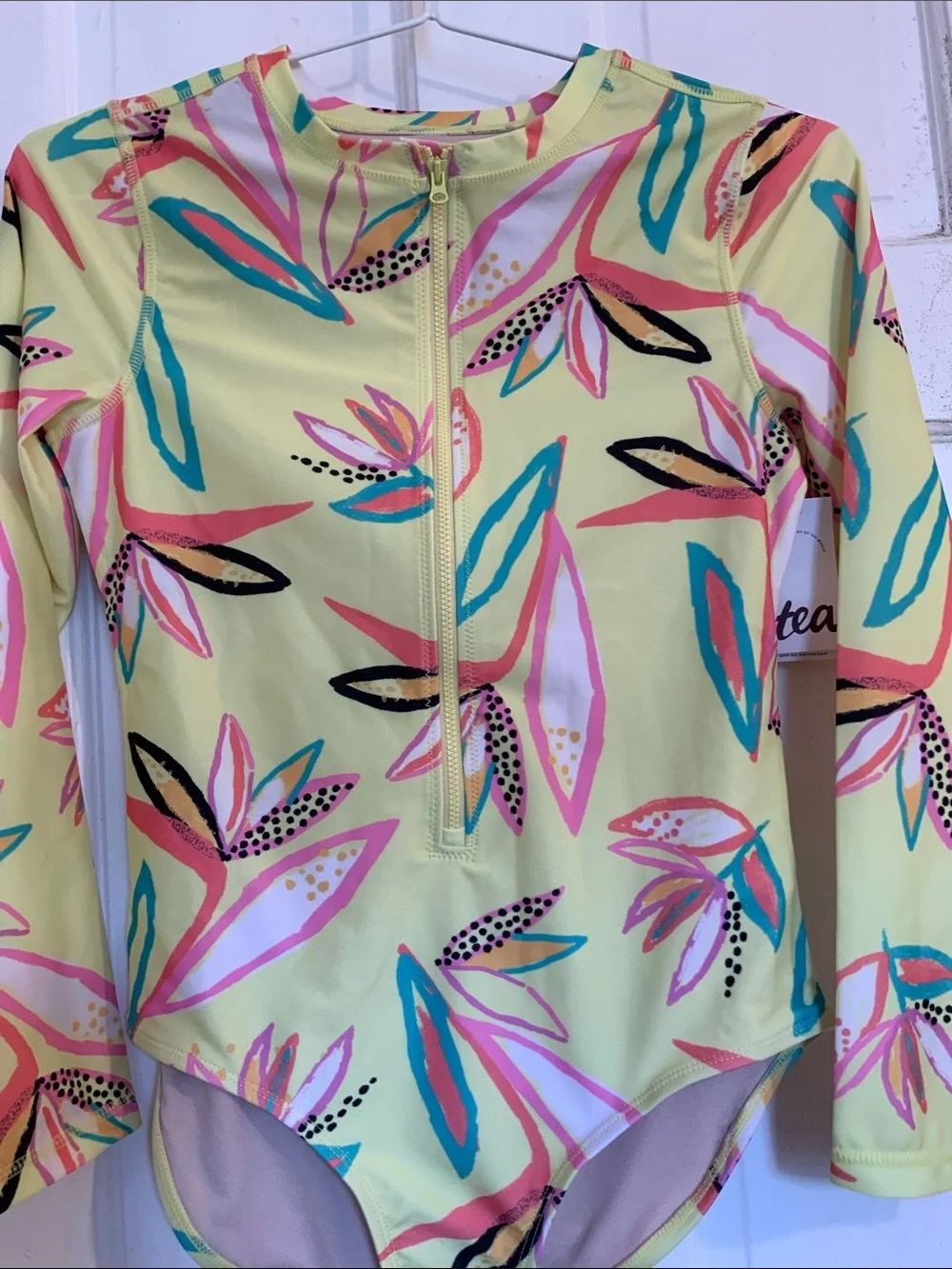 NWT Girls Long Sleeve Zip Front Floral Rash Guard Swimsuit - Yellow in size 16